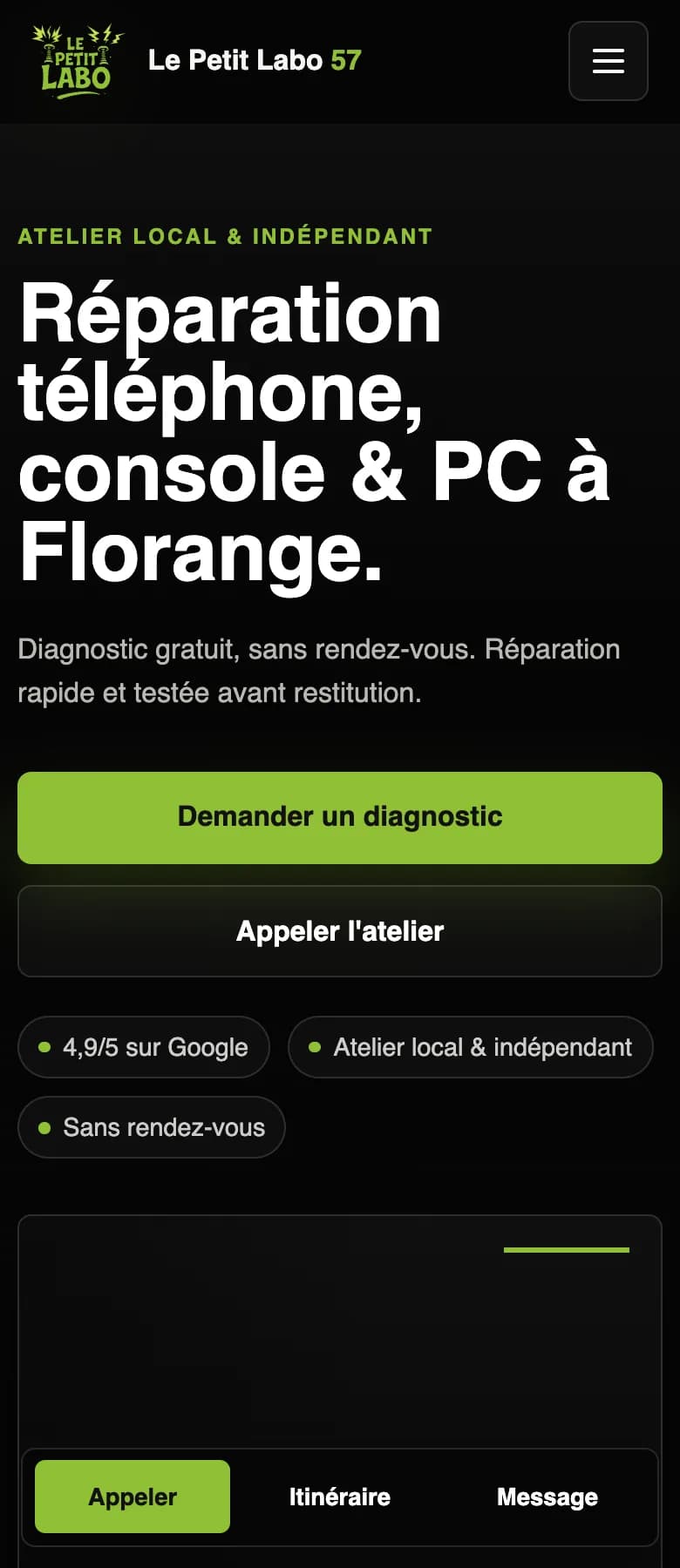 Version mobile du site Le Petit Labo 57 réalisée par S2L Com
